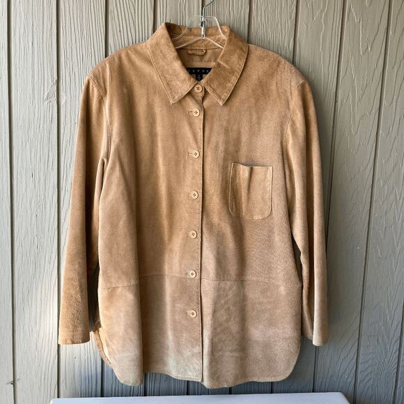VTG Révue Genuine Suede Shacket Shirt Jacket Tan Button Front L/XL Soft Leather - Picture 6 of 11